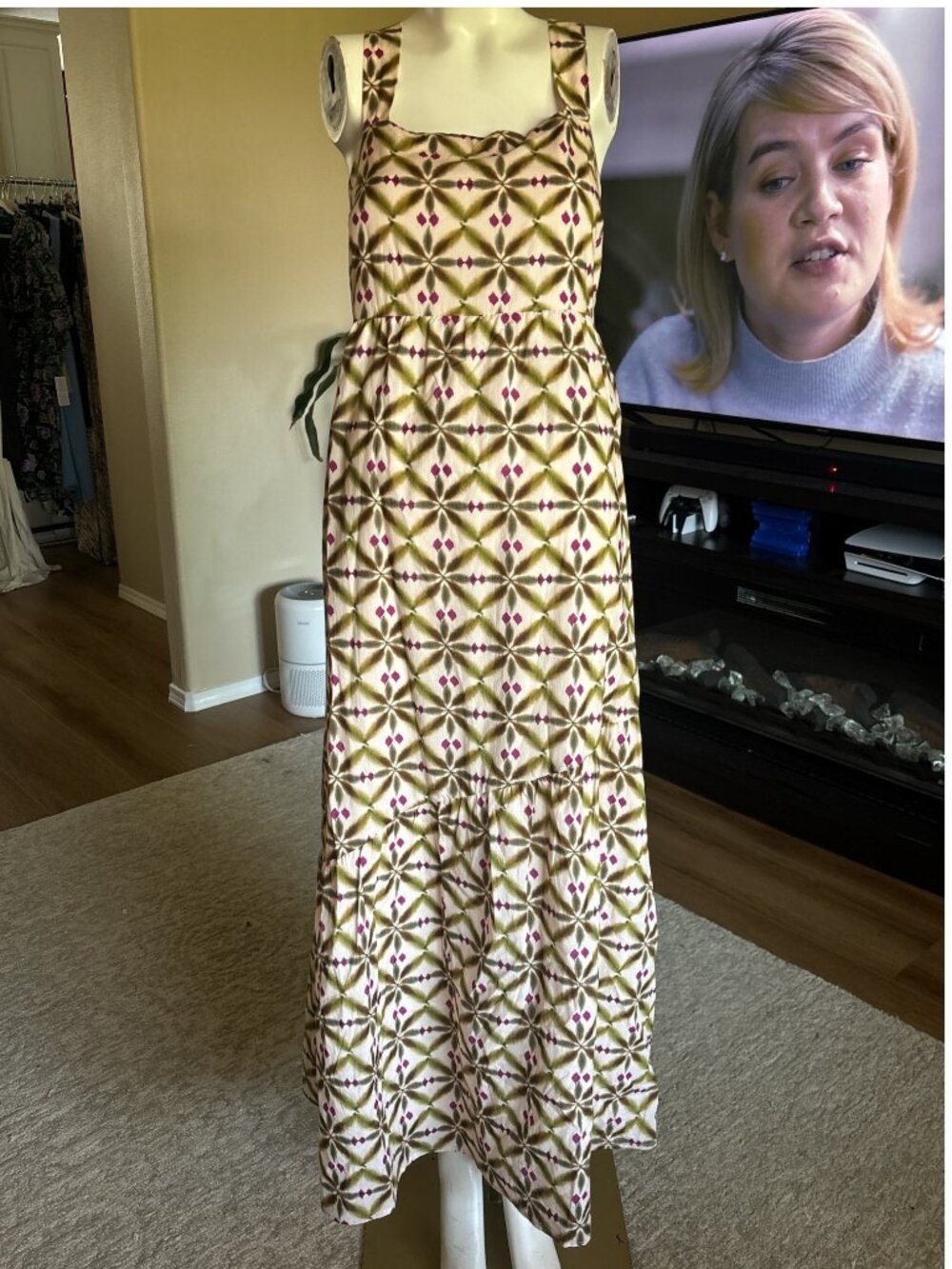 NWT La Fee Maraboutee Maxi Dress Size L Geometric Print Sleeveless Boho Green XL